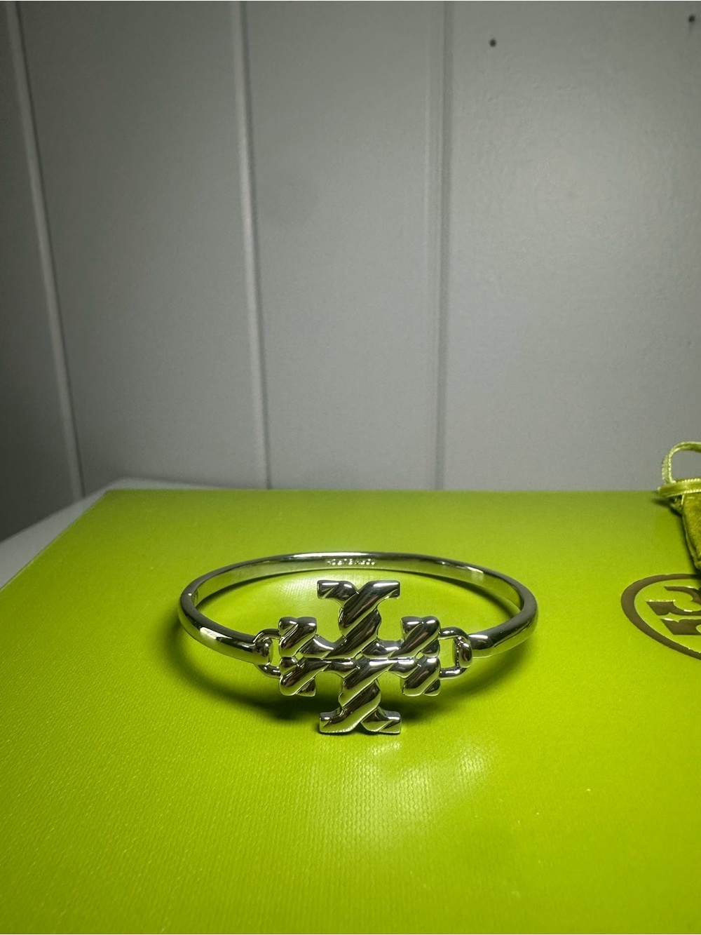 Tory Burch Silver Textured Rope Logo Hinged Cuff Bracelet